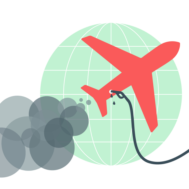 rotes Flugzeug fliegt über hellgrüne Erde, stösst graue Emissionswolken aus, Flugzeug wird von rechts mit Schlauch betankt