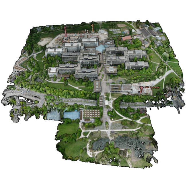3D-Karte des Campus Irchel, generiert nach einem Flug im Mai 2018 von structure for motion image processing, abgebildet sind Grünflächen, Bäume, Gebäude, Strassen und Wege von schräg oben